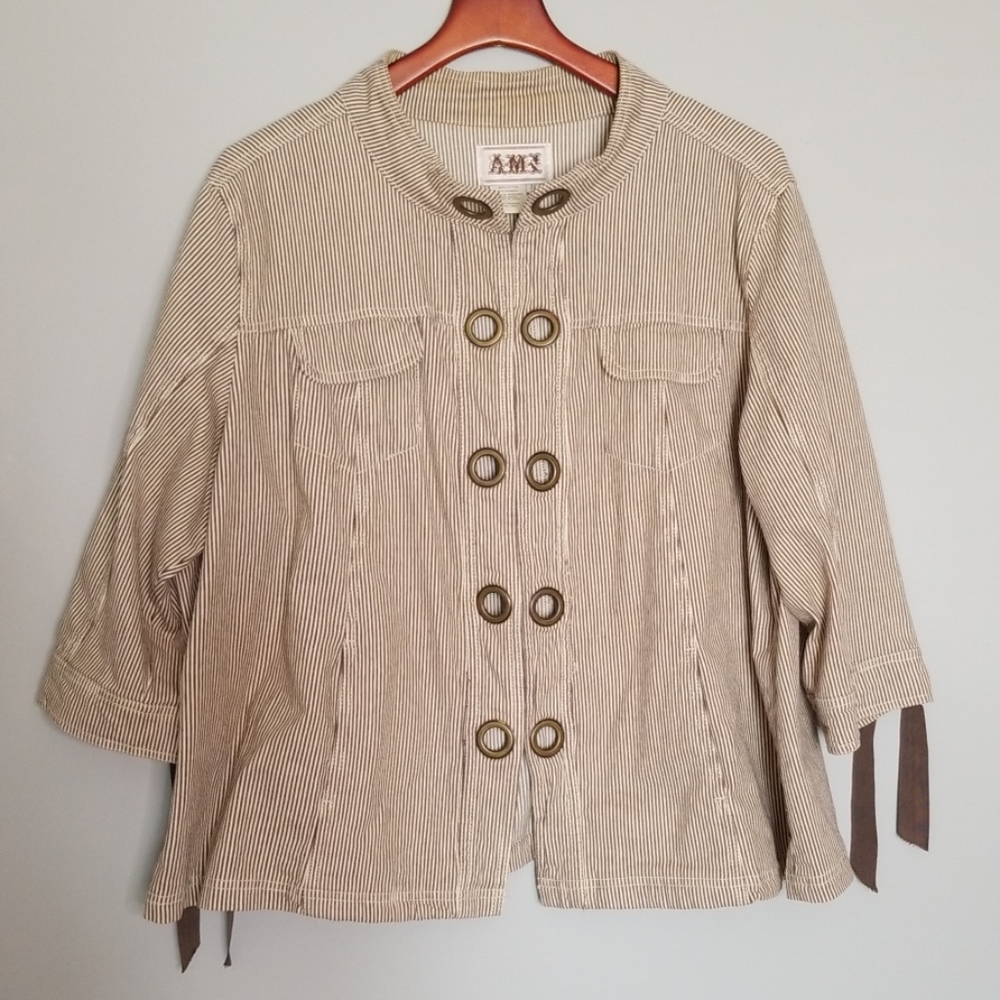 {AMI} Brown & White Striped Grommet Denim Jacket